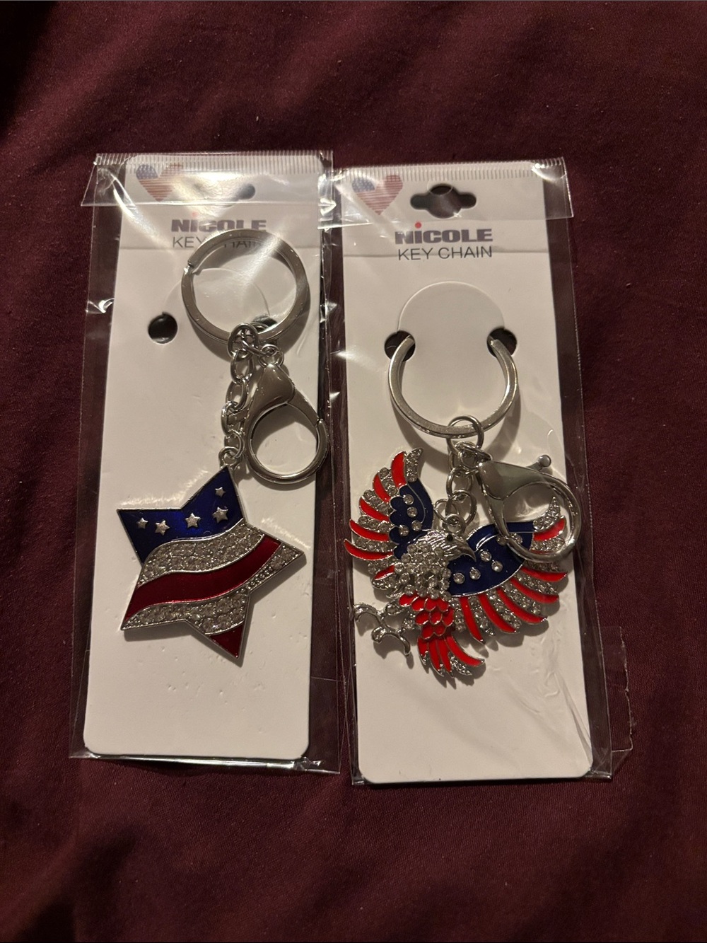 Nicole Red, White and Blue Star & Eagle Key Chain Set